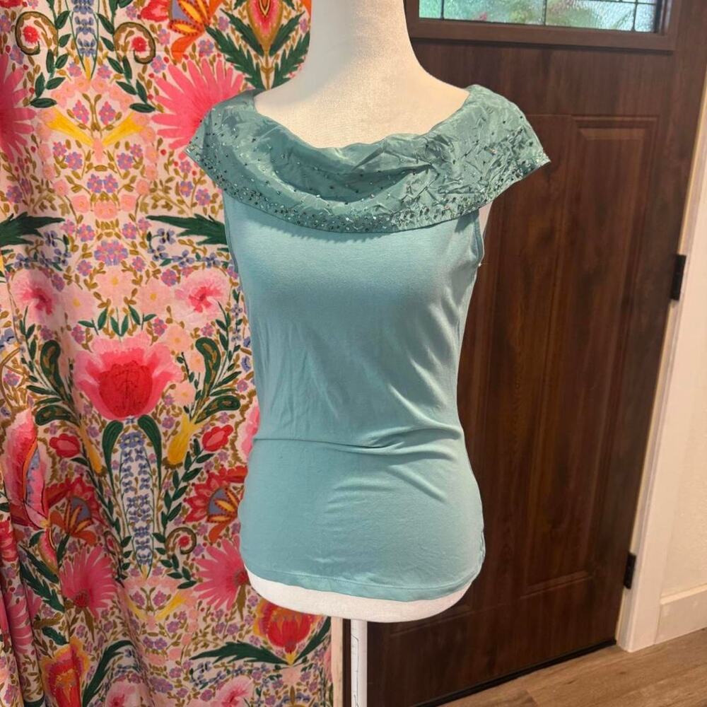 Blue beaded Cowl Neck top MEDIUM
